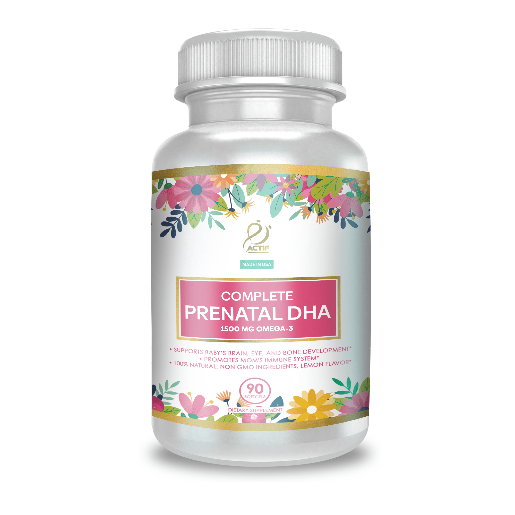 Actif Complete Prenatal DHA with 1500mg Omega-3, 100% Natural, Organic DHA,  EPA – Non-GMO, 90 count – Actif USA